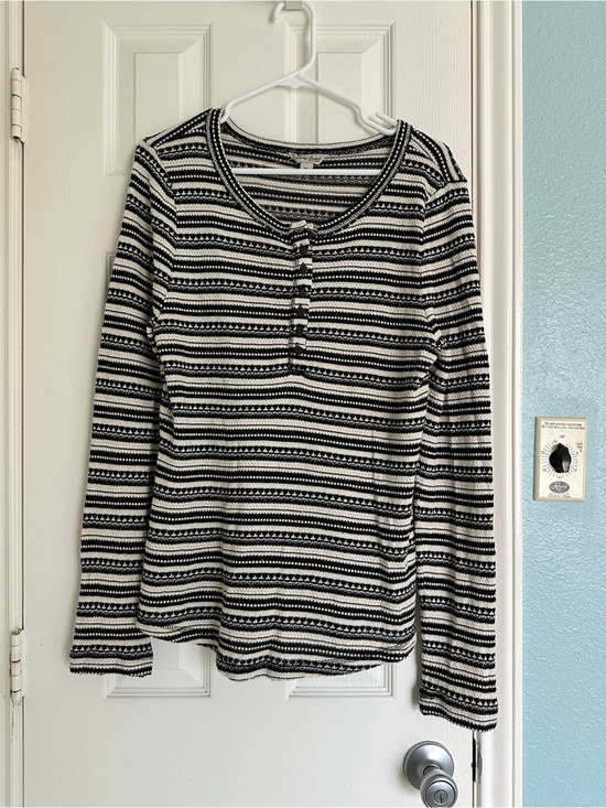 Lucky Brand Tops - Lucky Brand Chloe Womens XL Black Cream Striped Knit Henley Shirt Sweater Boho